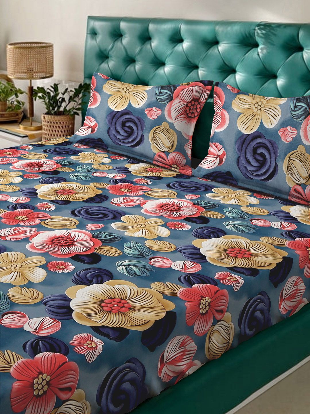KLOTTHE Blue & Pink Floral 300-Thread Count 7D-King Size Bedsheet With 2-Pillow Covers