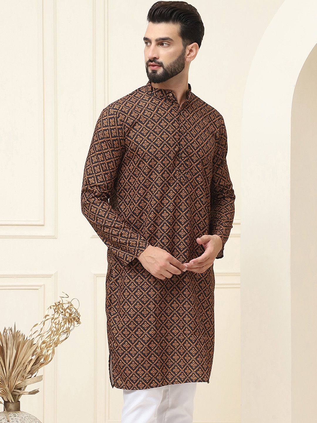 SOJANYA Ethnic Motifs Printed Band Collar Pure Cotton Straight Kurta