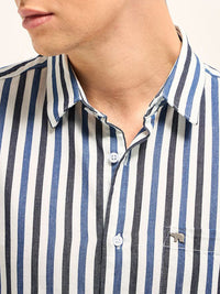 THE BEAR HOUSE Men Spread Collar Vertical Striped Cotton Slim Fit Casual Shirt