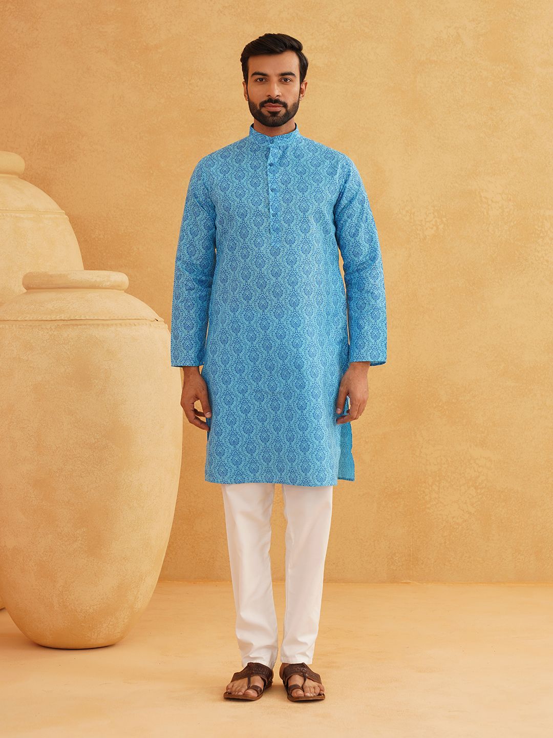 SOJANYA Ethnic Motifs Printed Band Collar Straight Kurta With Churidar