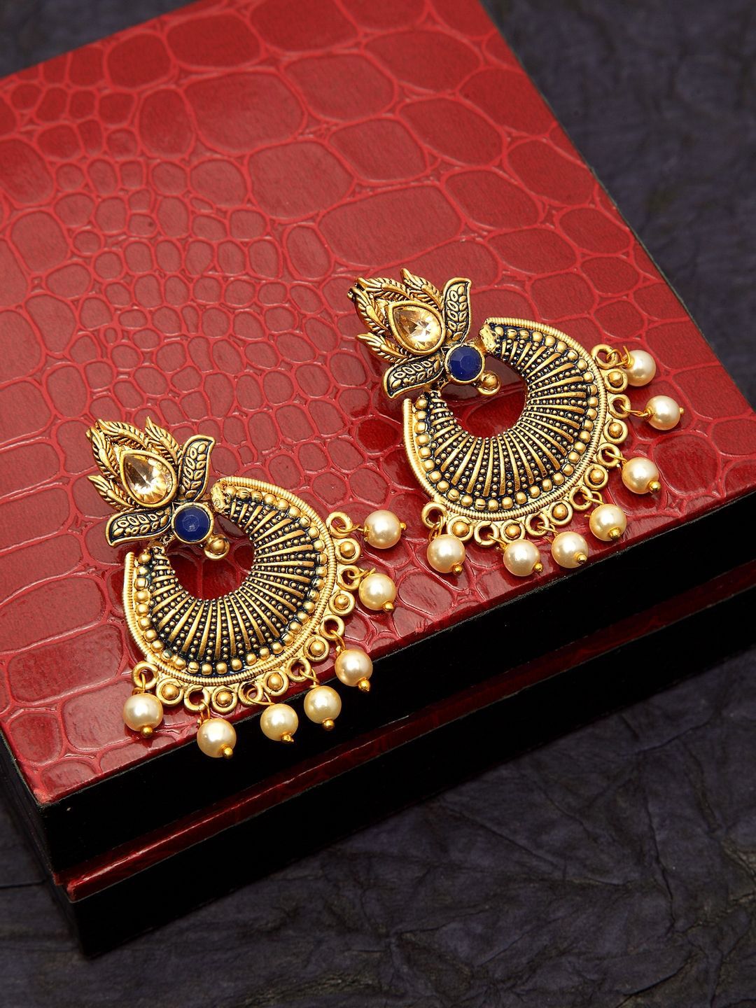 Anouk Blue Gold-Plated Stone Studded & Beaded Crescent Shaped Chandbalis