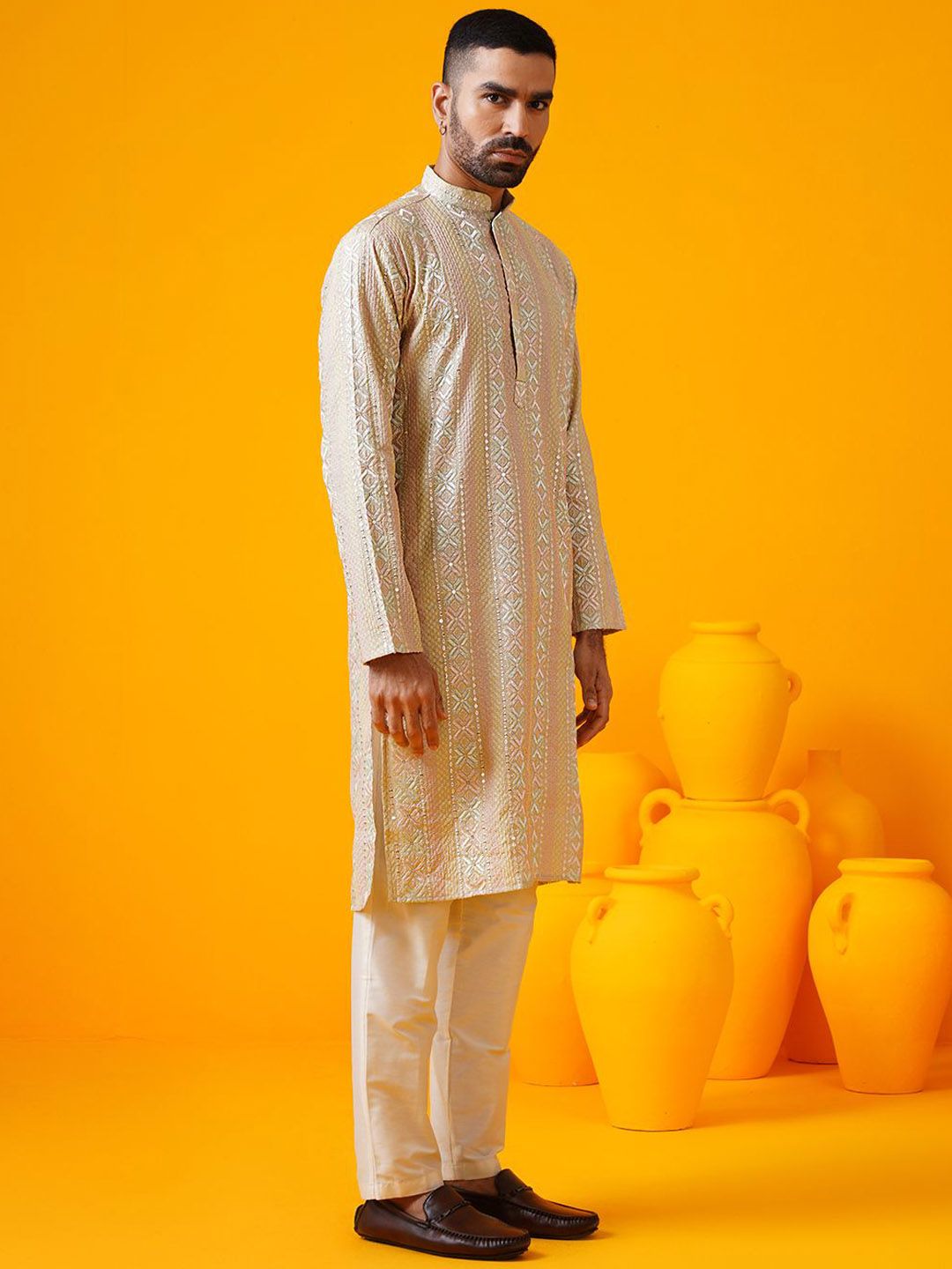 SOJANYA LUXE Ethnic Motifs Embroidered Sequinned Mandarin Collar Straight Kurta