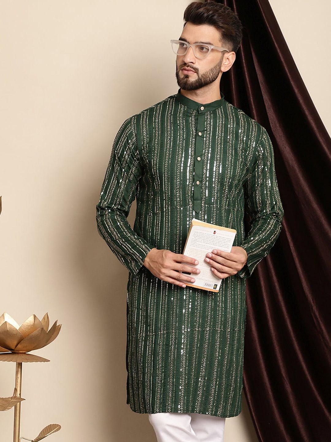 Anouk Embellished Band Collar Sequins Detail Cotton Straight Kurta
