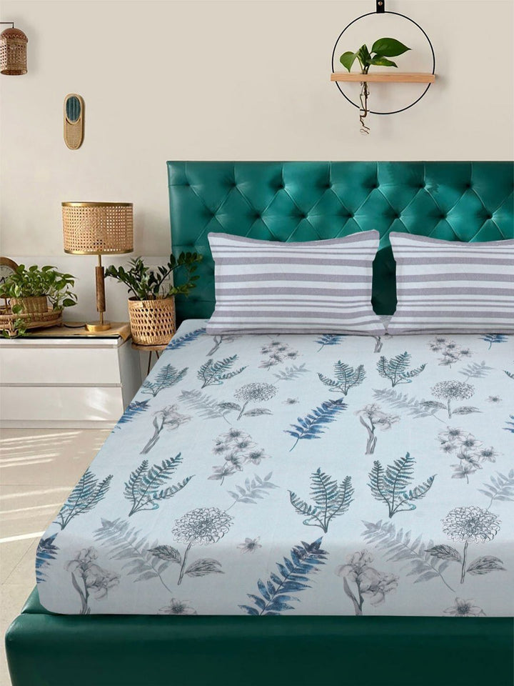 Aura Blue & Grey Floral Printed Set Cadar King 300 TC 2.5 x 2.25 m