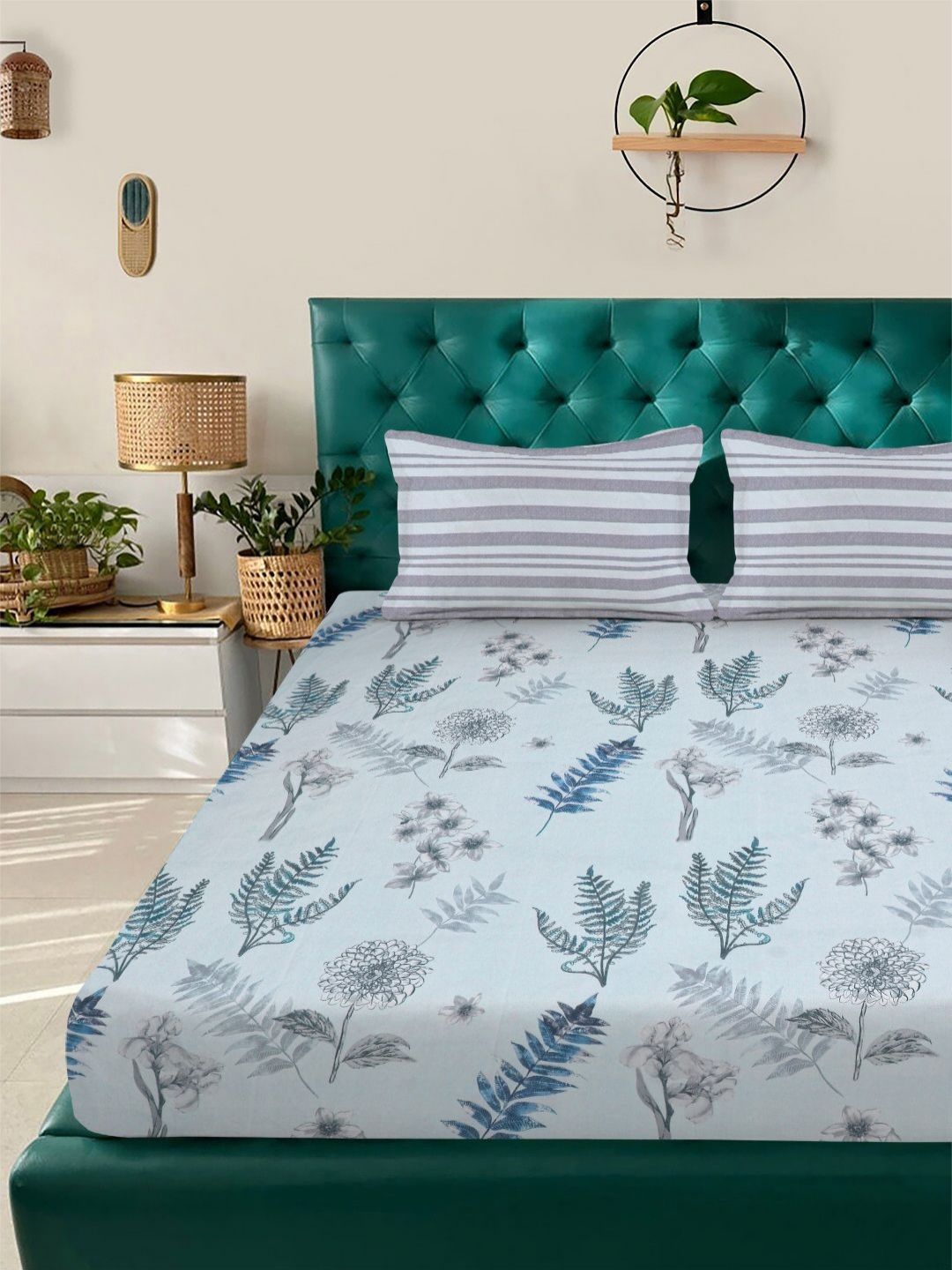 Aura Blue & Grey Floral Printed Set Cadar King 300 TC 2.5 x 2.25 m