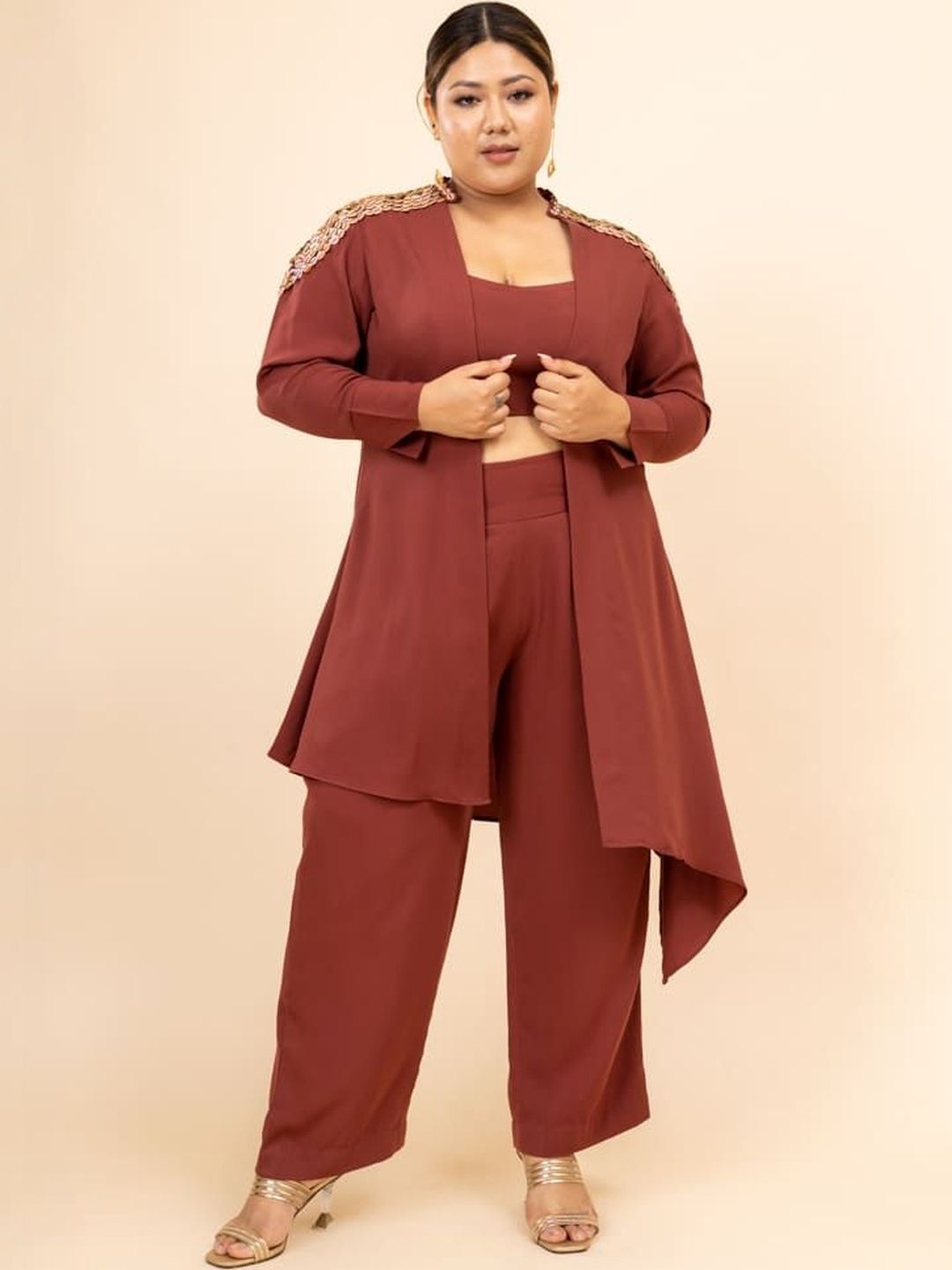 Mamicha Women Self Design Jacket With Crop Top and Trousers Co-Ord Set