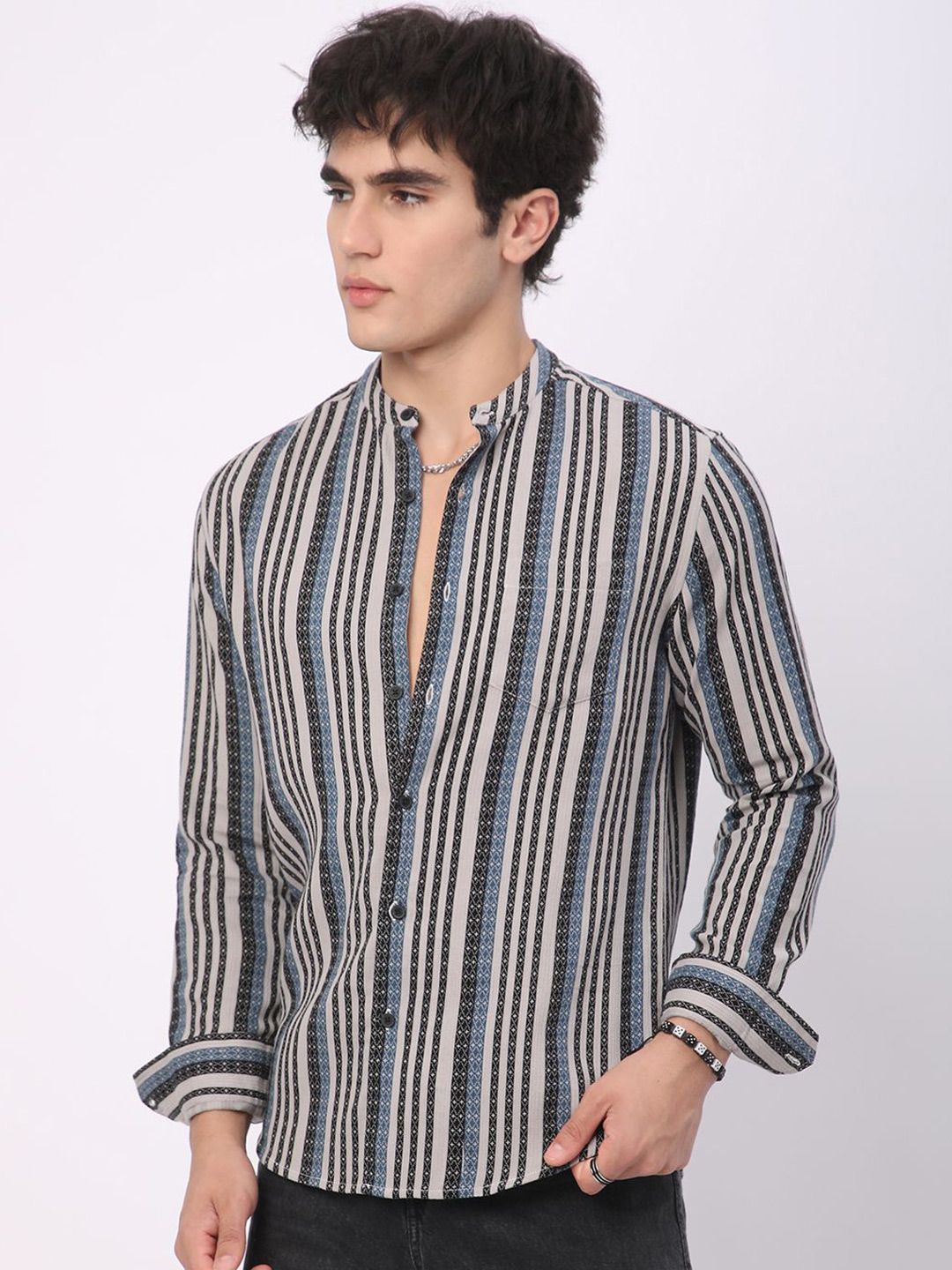 VASTRADO Men Classic Mandarin Collar Multi Striped Cotton Slim Fit Casual Shirt