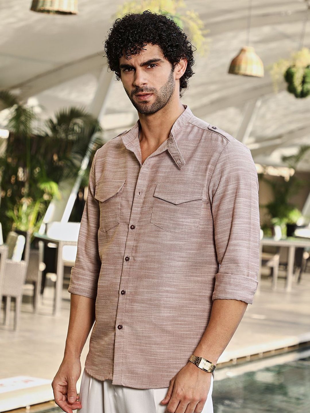 Campus Sutra Men Classic Fit Spread Collar Textured Cotton Casual Shirt