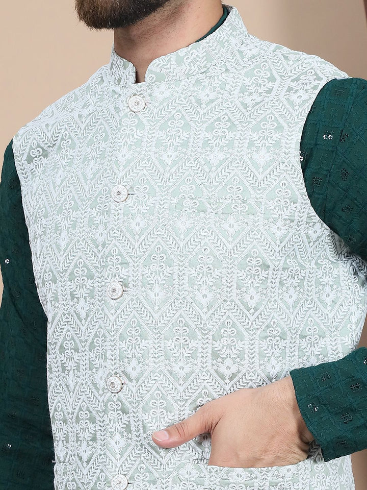 Kurta Lurus Kapas Tulen Sulam Bunga Anouk Dengan Jaket Churidar & Nehru