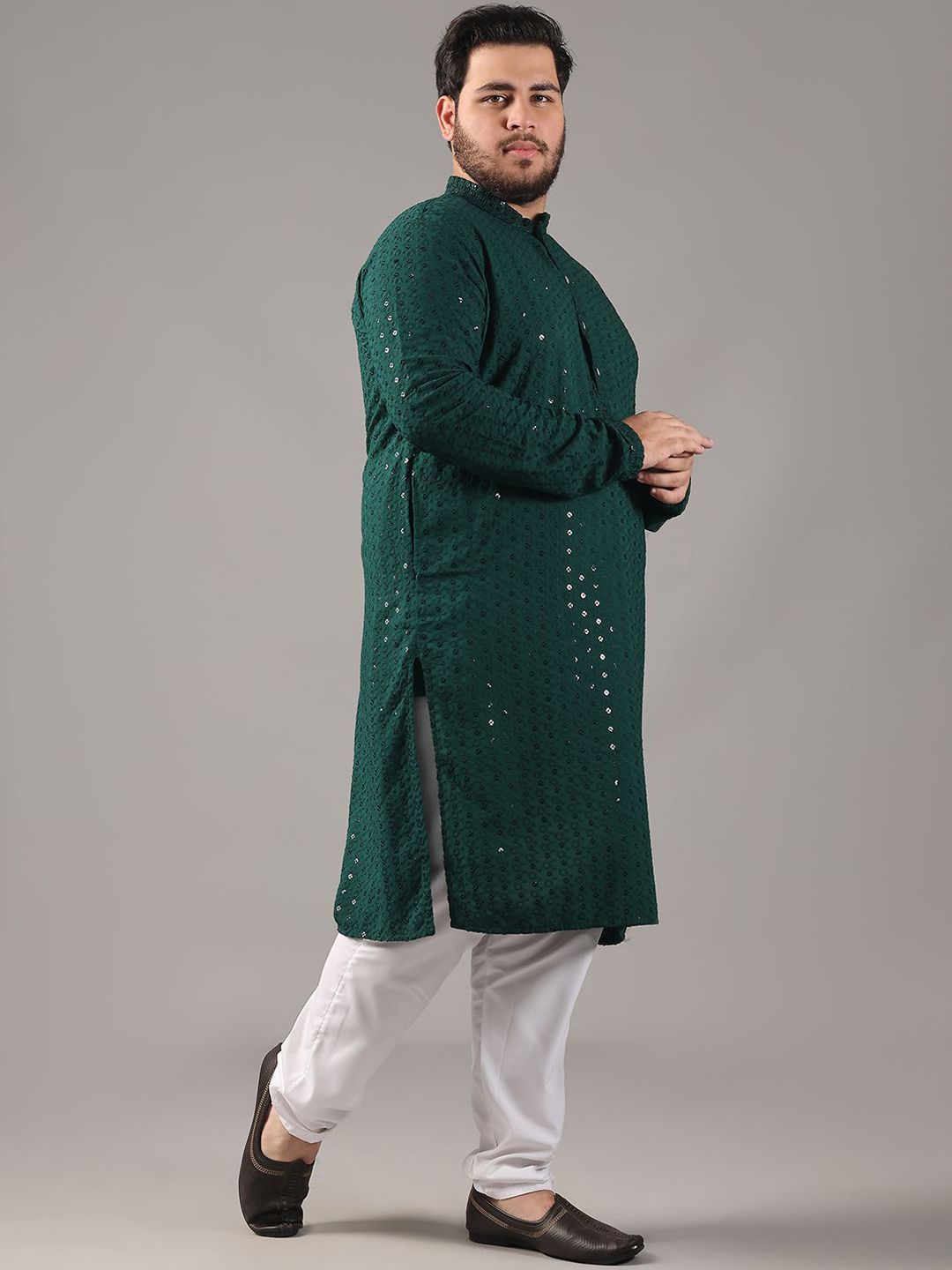 SOJANYA PLUS Plus Size Lelaki Motif Etnik Sulam Kurta Kapas Tulen Bersama Piyama