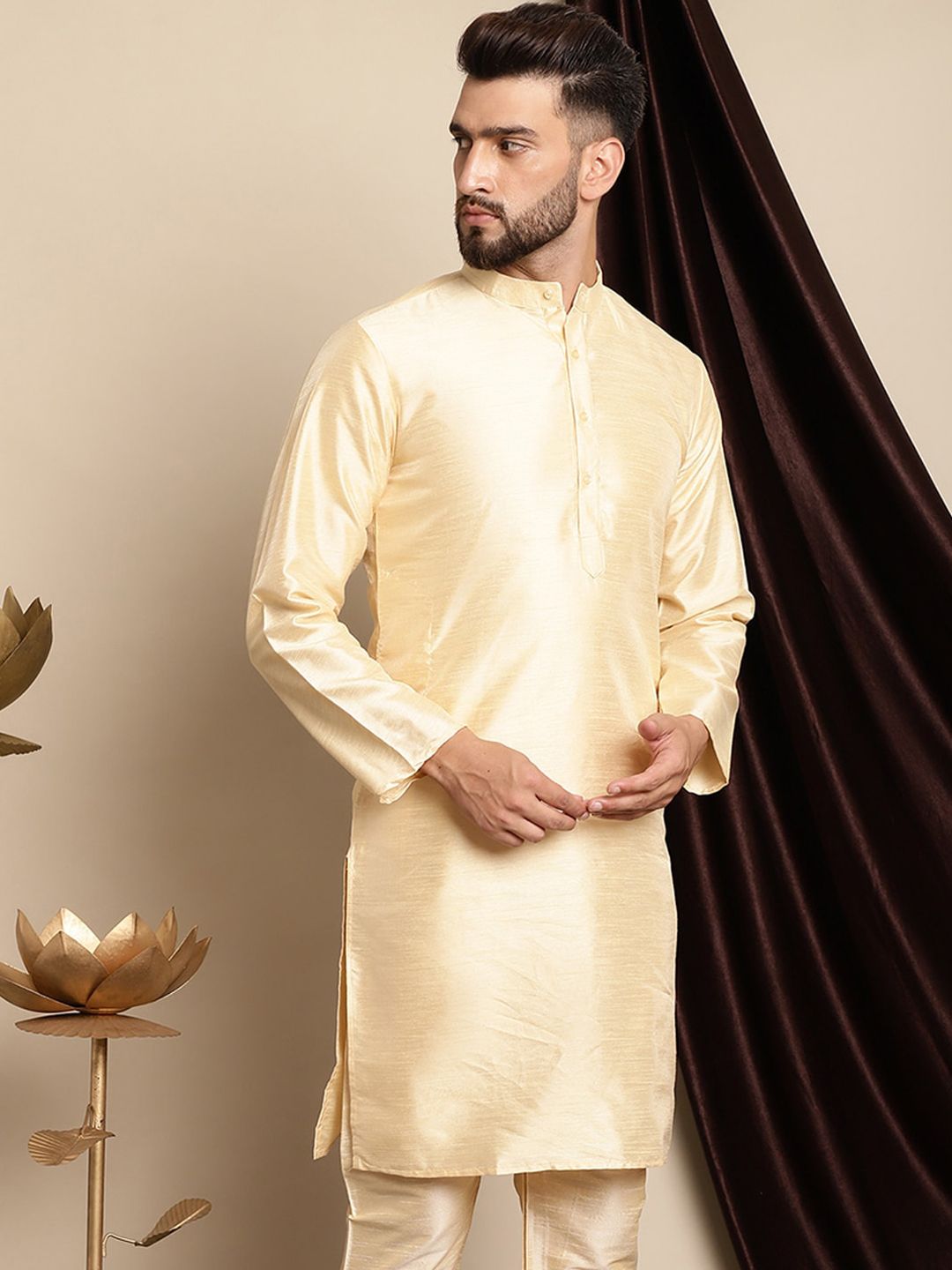 Anouk Band Collar Dupion Silk Straight Silk Cotton Regular Kurta