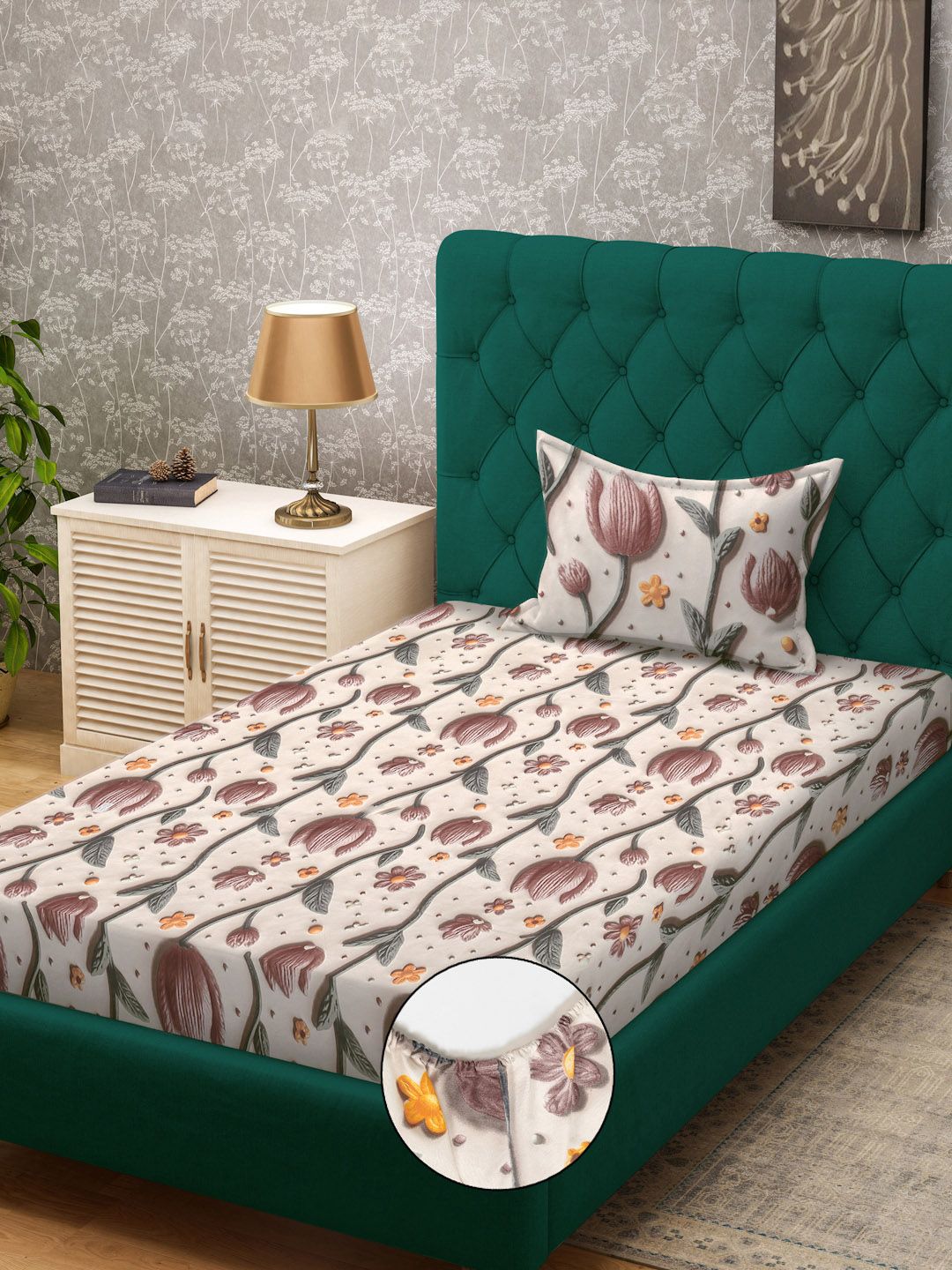 KLOTTHE Cream & Pink Floral Printed Fitted 300TC Single 7D Bedsheet With Pillow Cover