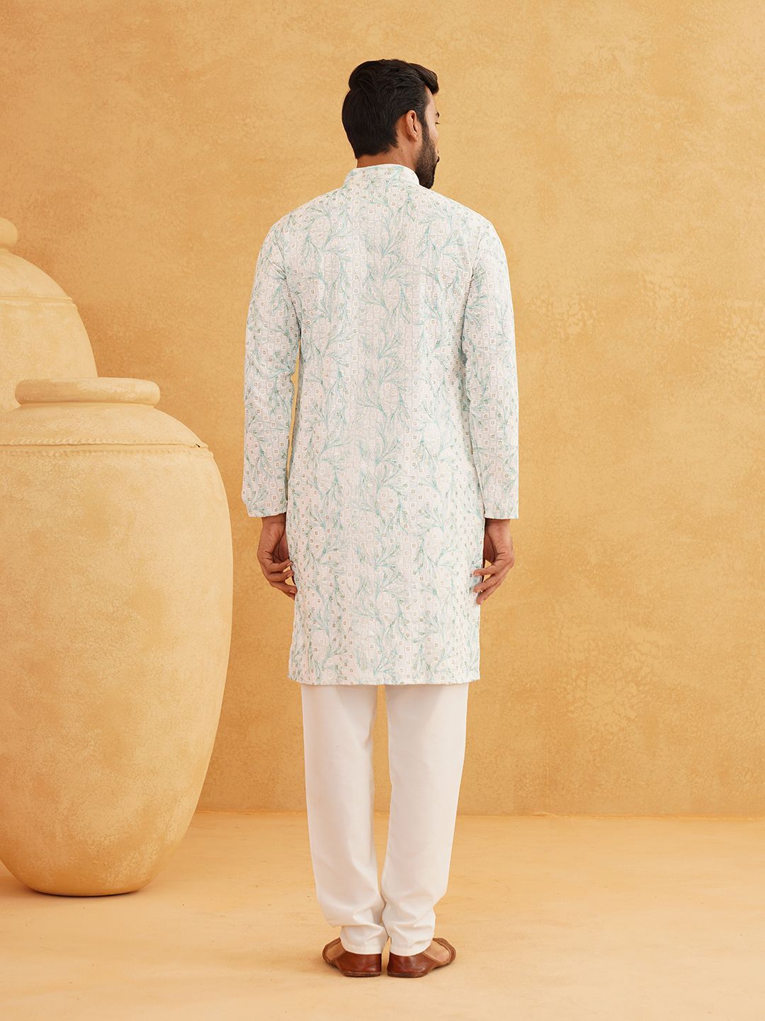 SOJANYA Geometric Embroidered Sequinned Mandarin Collar Pure Cotton Kurta With Churidar