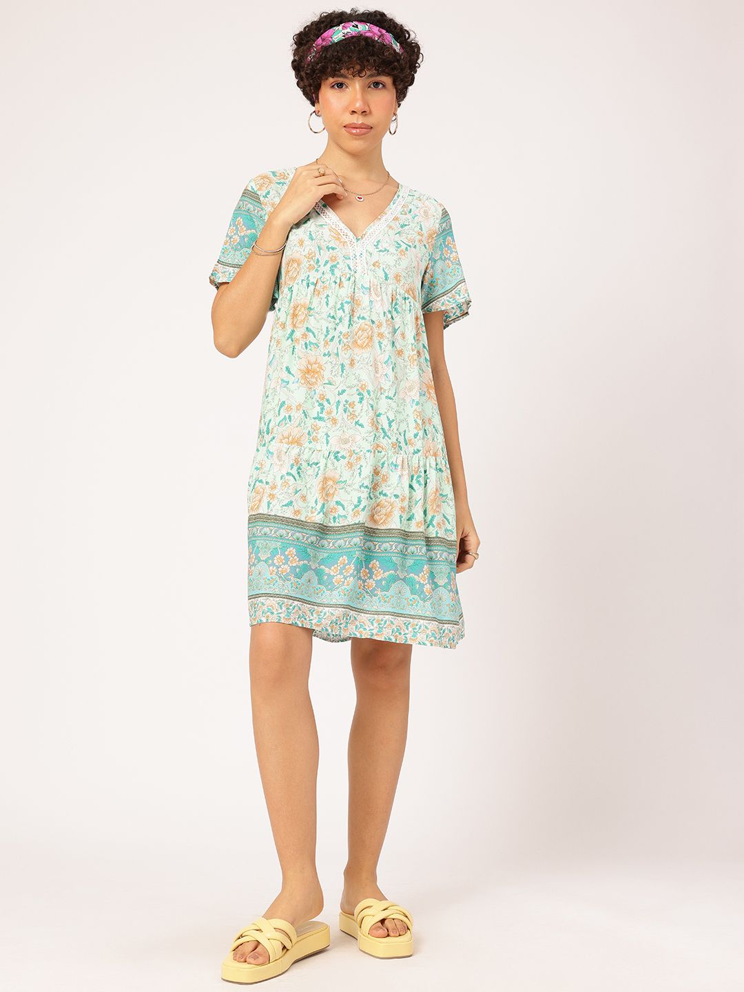 DressBerry Floral Frenzy Printed Lace Inserts Tiered Sheath Dress