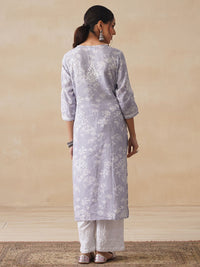 House of Chikankari Women Grey Mulmul Chikankari Embroidered Kurta