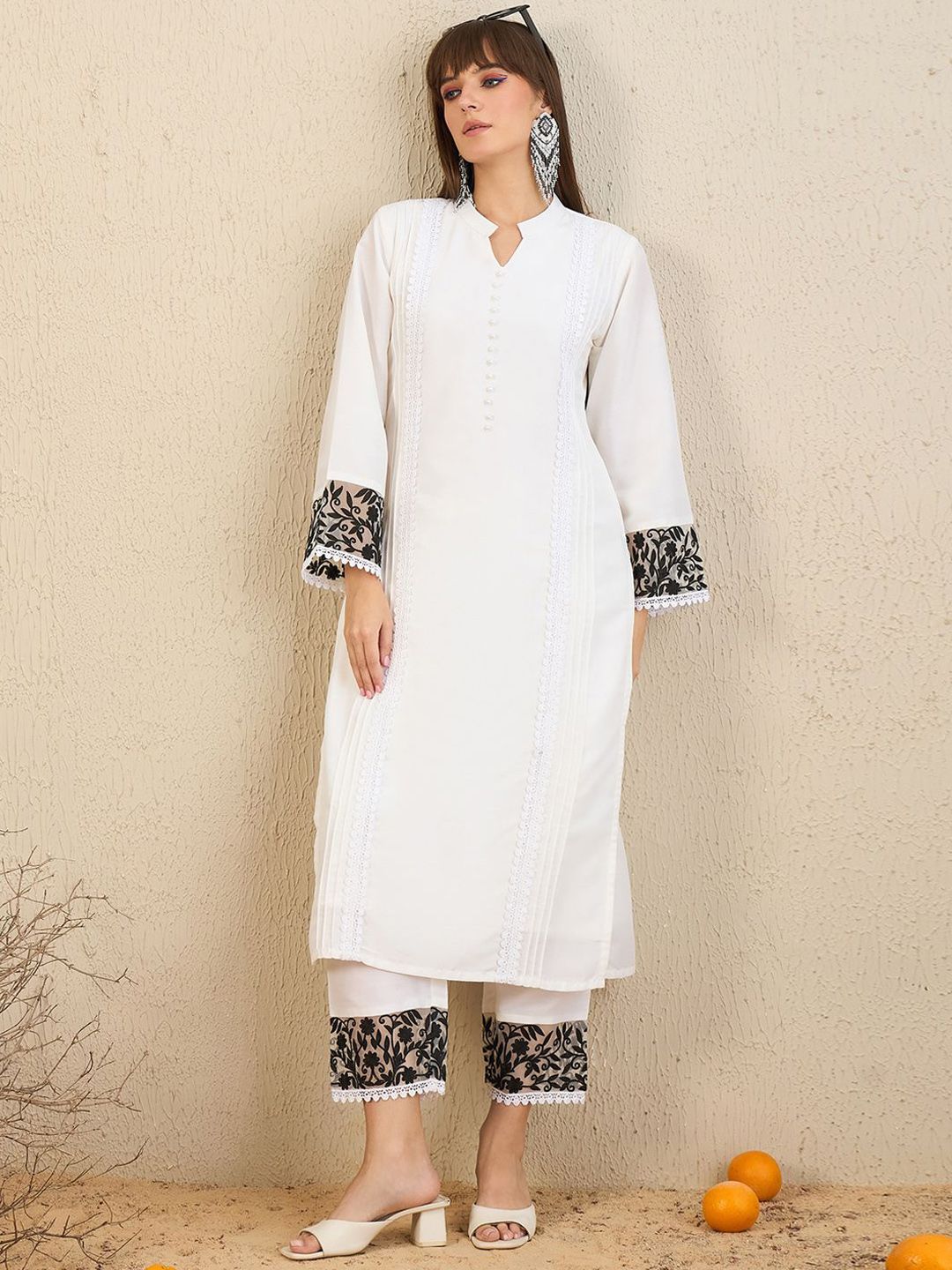 Indo Era Floral Embroidered Panelled Beads and Stones Straight Kurta with Trousers