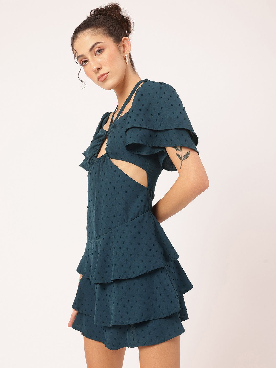 DressBerry Flirty & Fabulous Dobby Cut-Out Tie-Up Sweetheart Neck Layered Mini Dress
