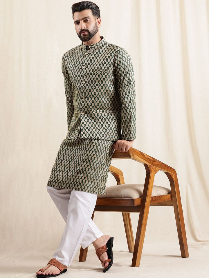 Anouk Floral Woven Design Mandarin Collar Straight Kurta With Pyjamas & Nehru Jacket
