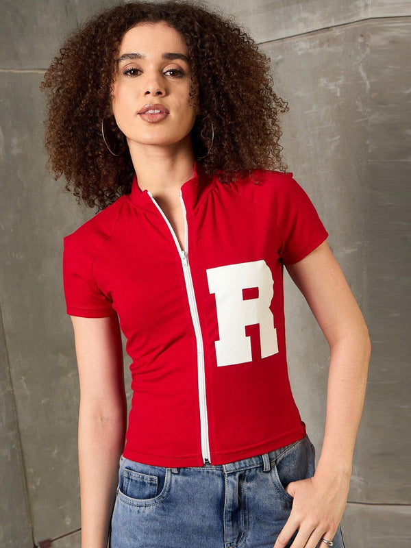 SASSAFRAS Women Typography Printed High Neck Pockets Slim Fit T-shirt