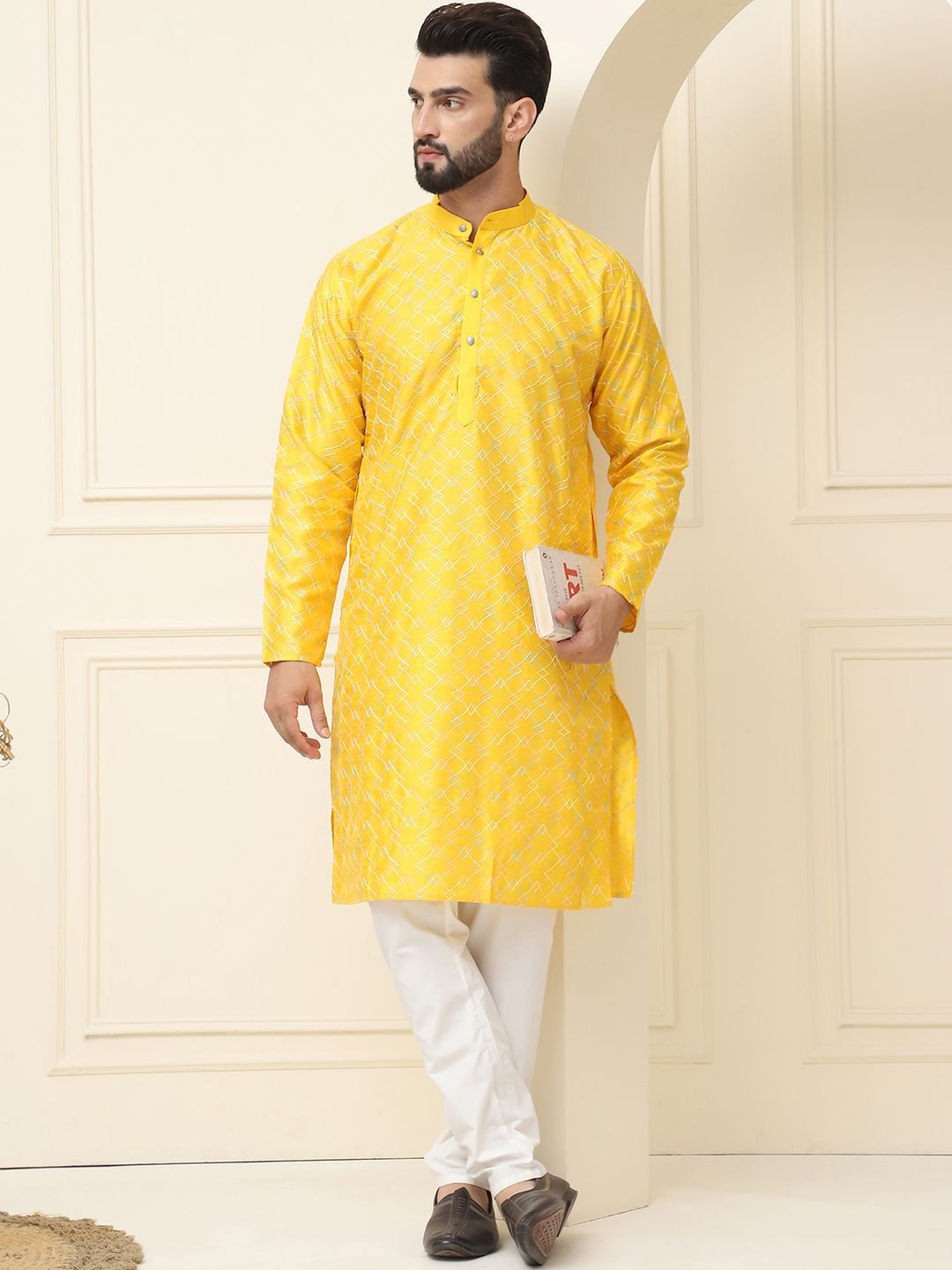SOJANYA Kurta Lurus Sulam Sulam Geometrik Kapas Sutera dengan Piyama