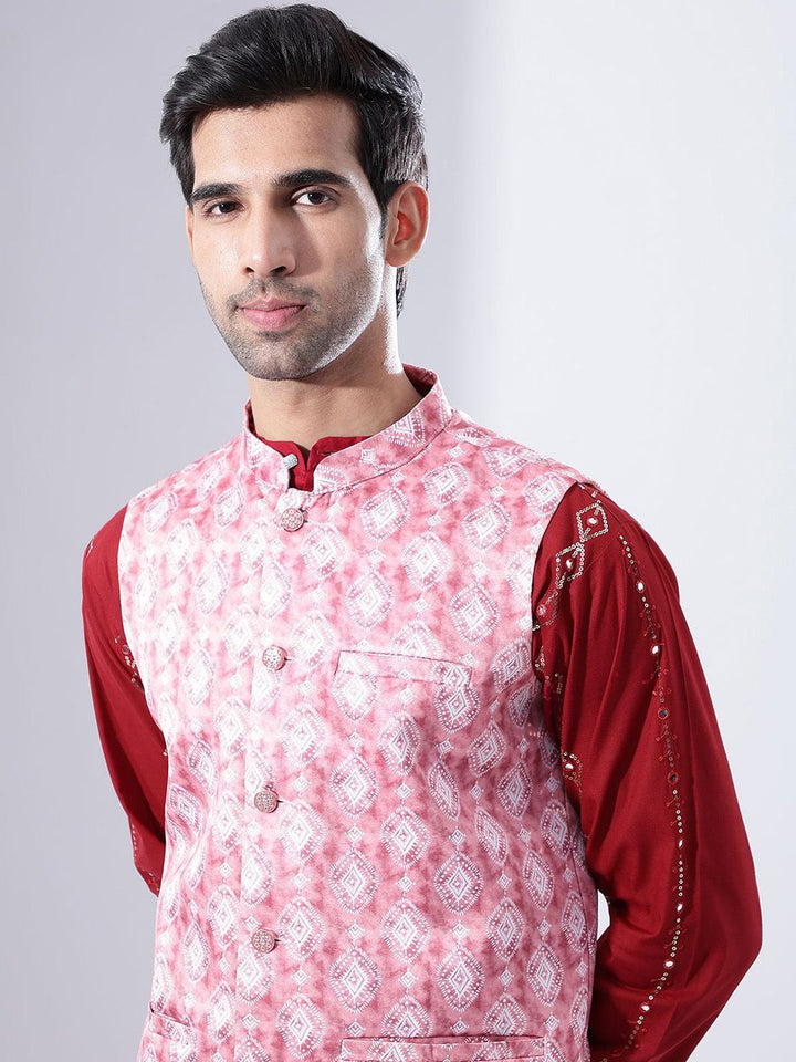 Anouk Men Sulam Kurta Kapas Tulen dengan Piyama & jaket Nehru