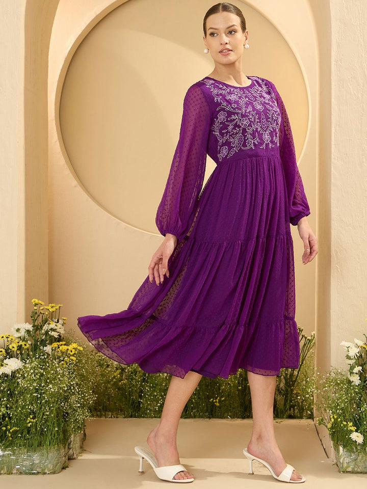 Antheaa Women Puff Sleeve Embroidered Fit and Flare Midi Dress