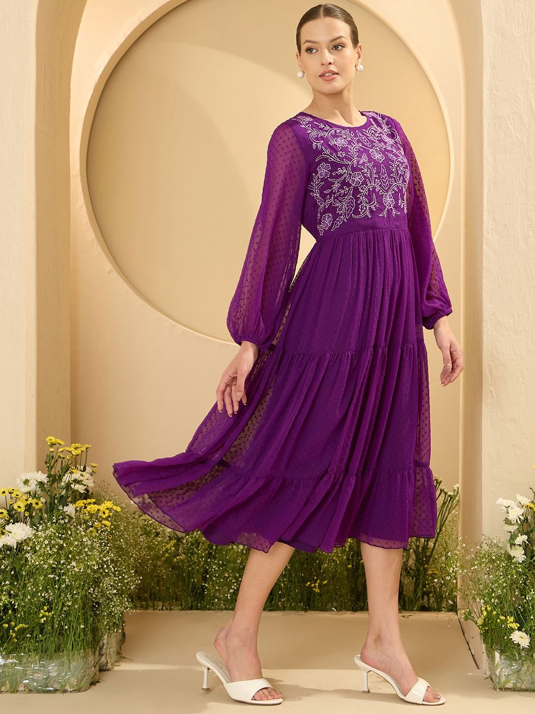 Antheaa Women Puff Sleeve Embroidered Fit and Flare Midi Dress