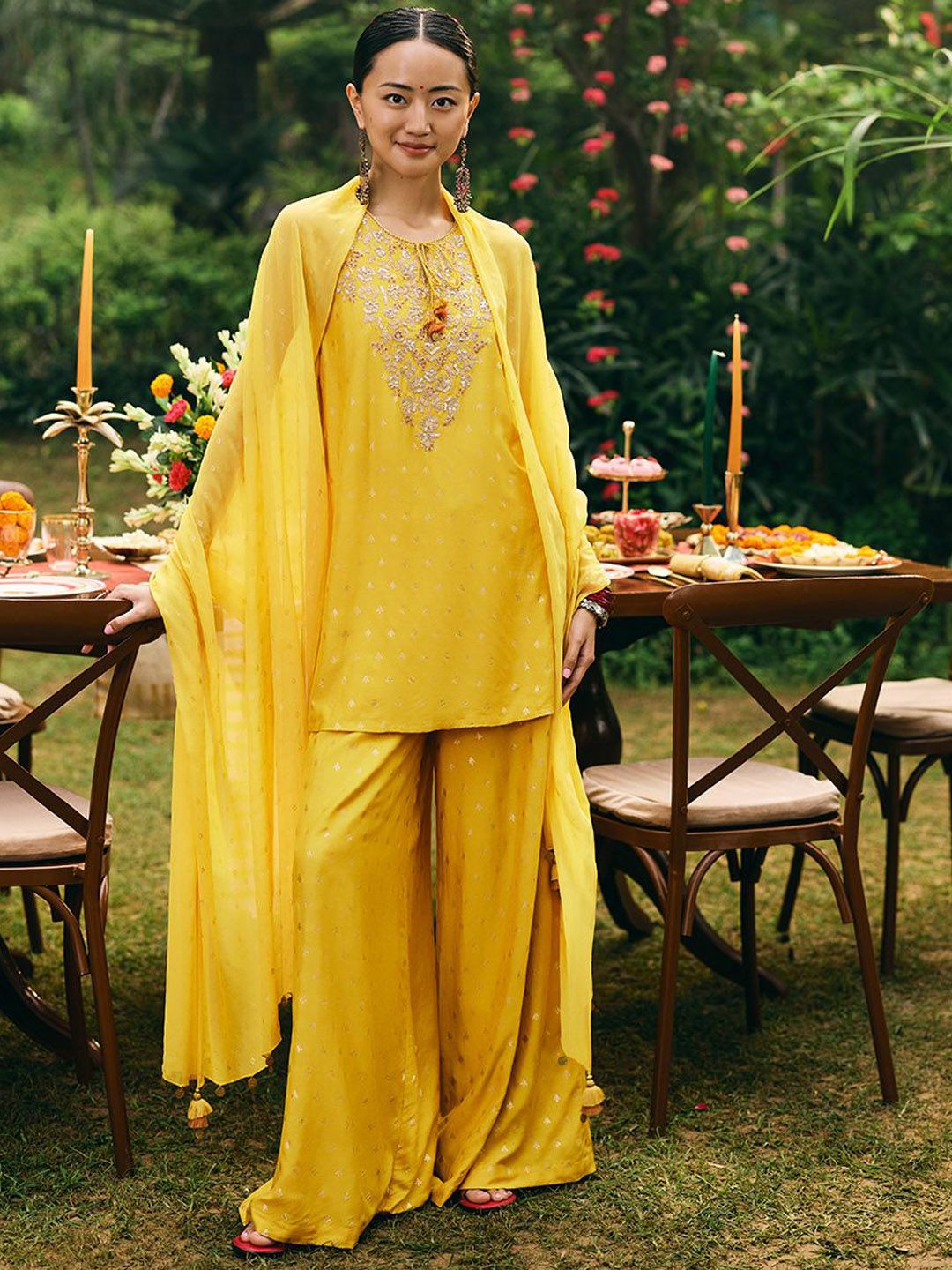 Global Desi Floral Printed Round Neck Sequinned Straight Kurta With Trouser And Dupatta