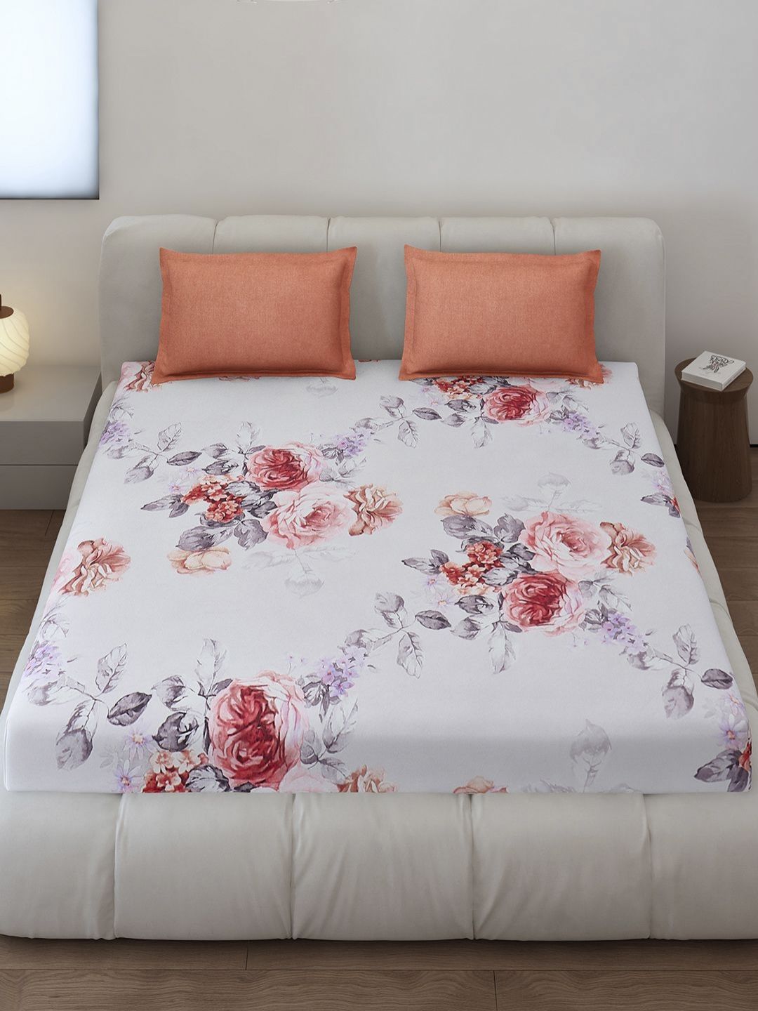 Monte Carlo Stanley White & Pink Floral Printed 144TC King Bedsheet Set 1.85 m x 1.95 m