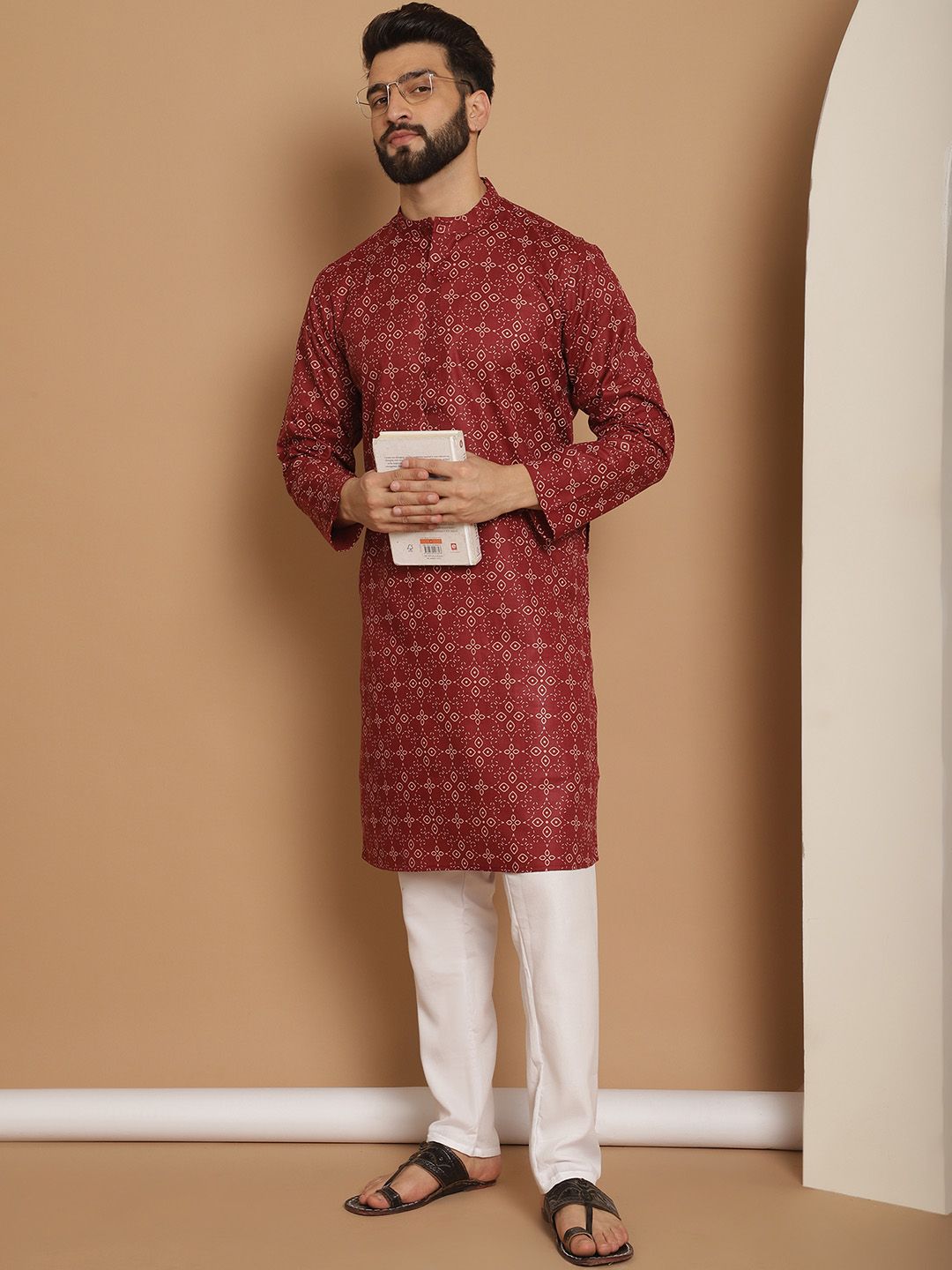 Anouk Men Maroon Geometric Printed Thread Work Pathani Kurta