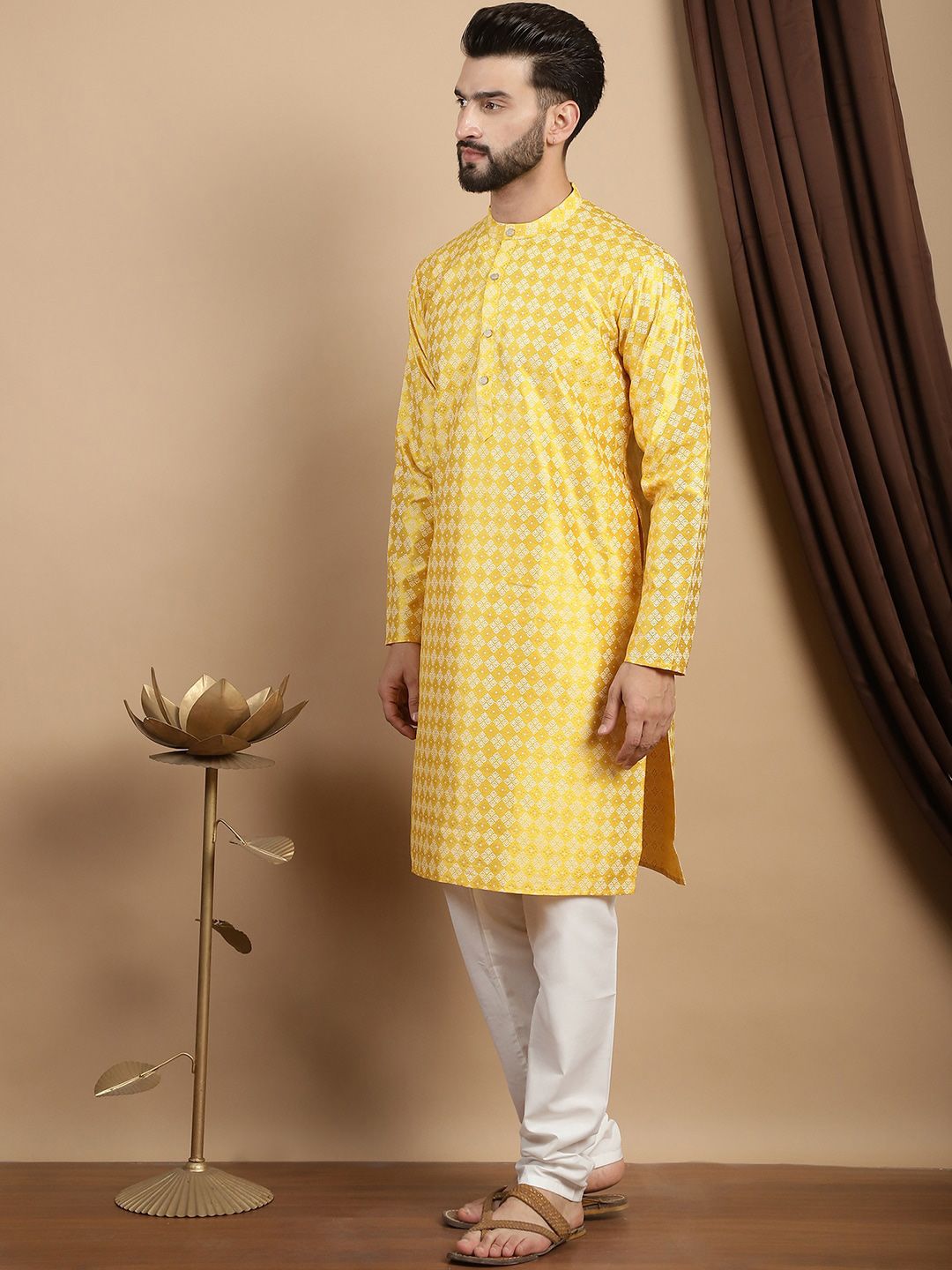Anouk Floral Printed Mandarin Collar Regular Straight Kurta With Churidar