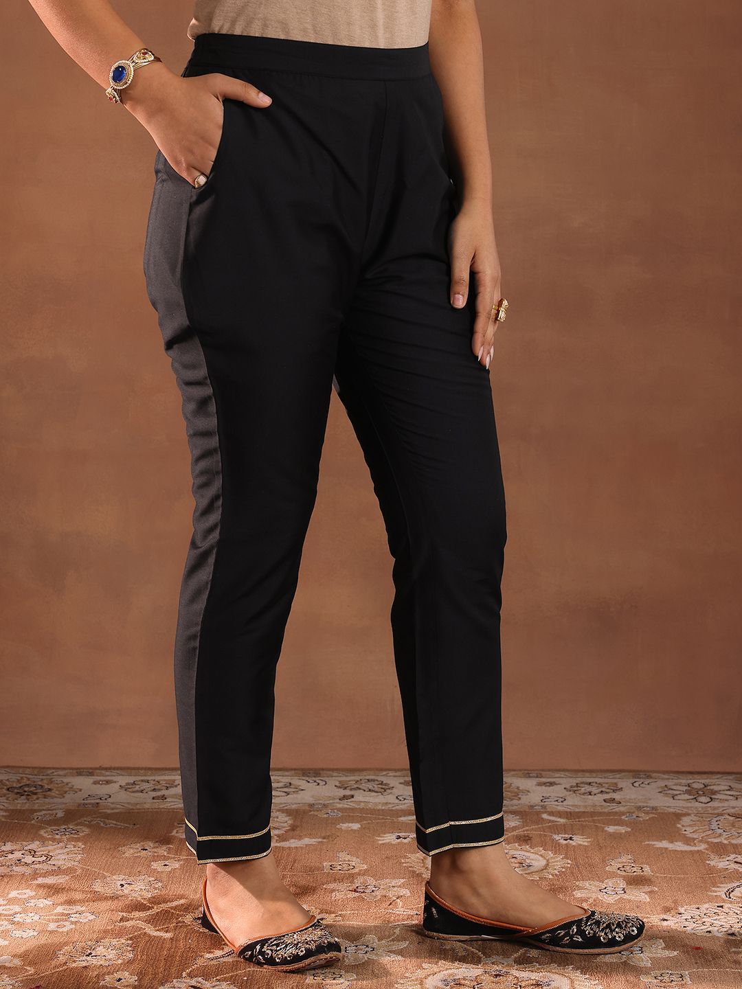 Gerua By Libas Round Neck Gotta Patti Straight Kurta With Trousers & Dupatta