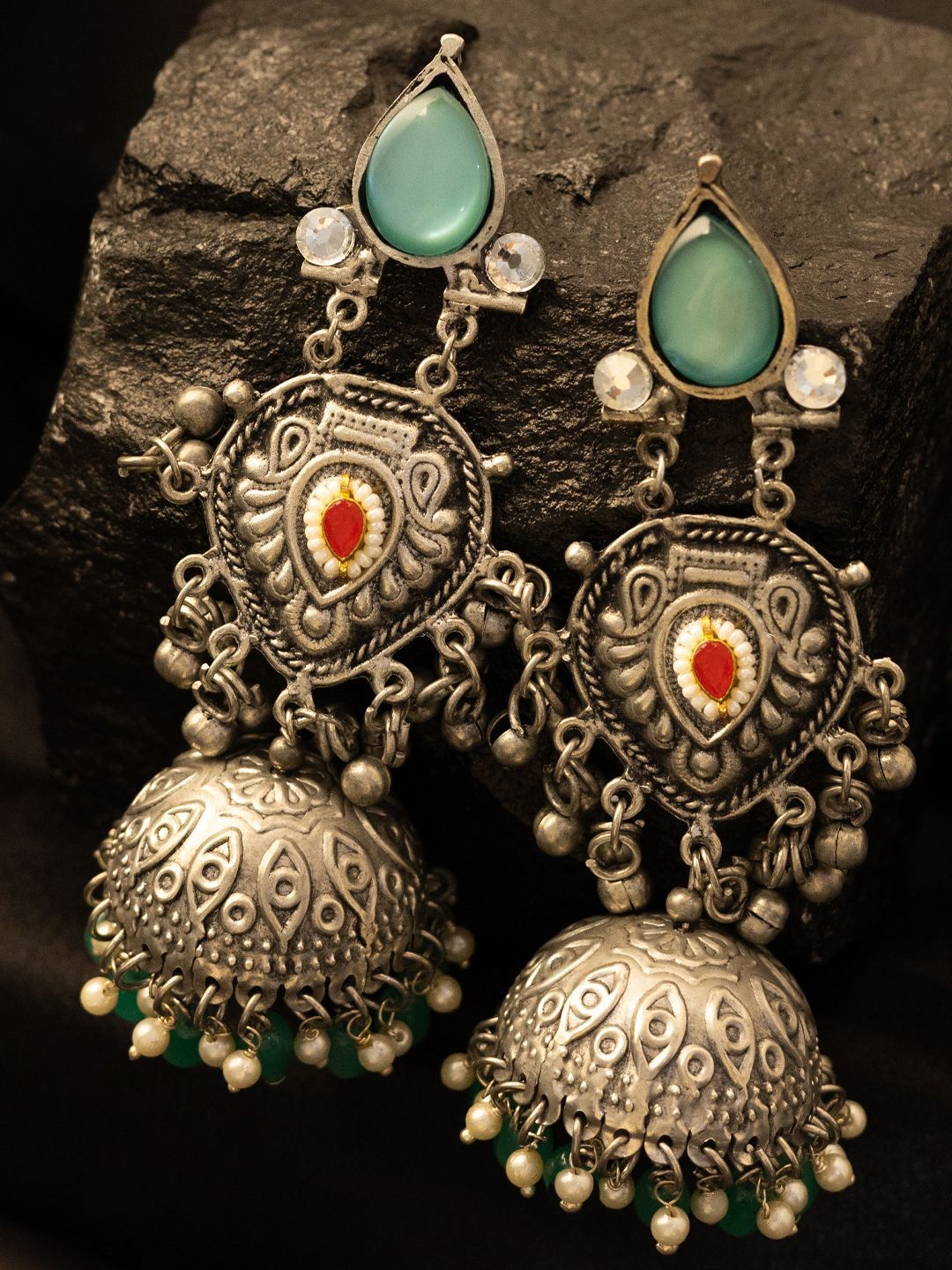 PANASH Silver-Plated Stones Studded And Beaded Contemporary Oxidised Drop Earrings