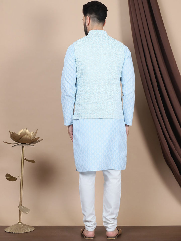 Anouk Floral Printed Regular Pure Cotton Straight Kurta With Churidar & Nehru Jacket