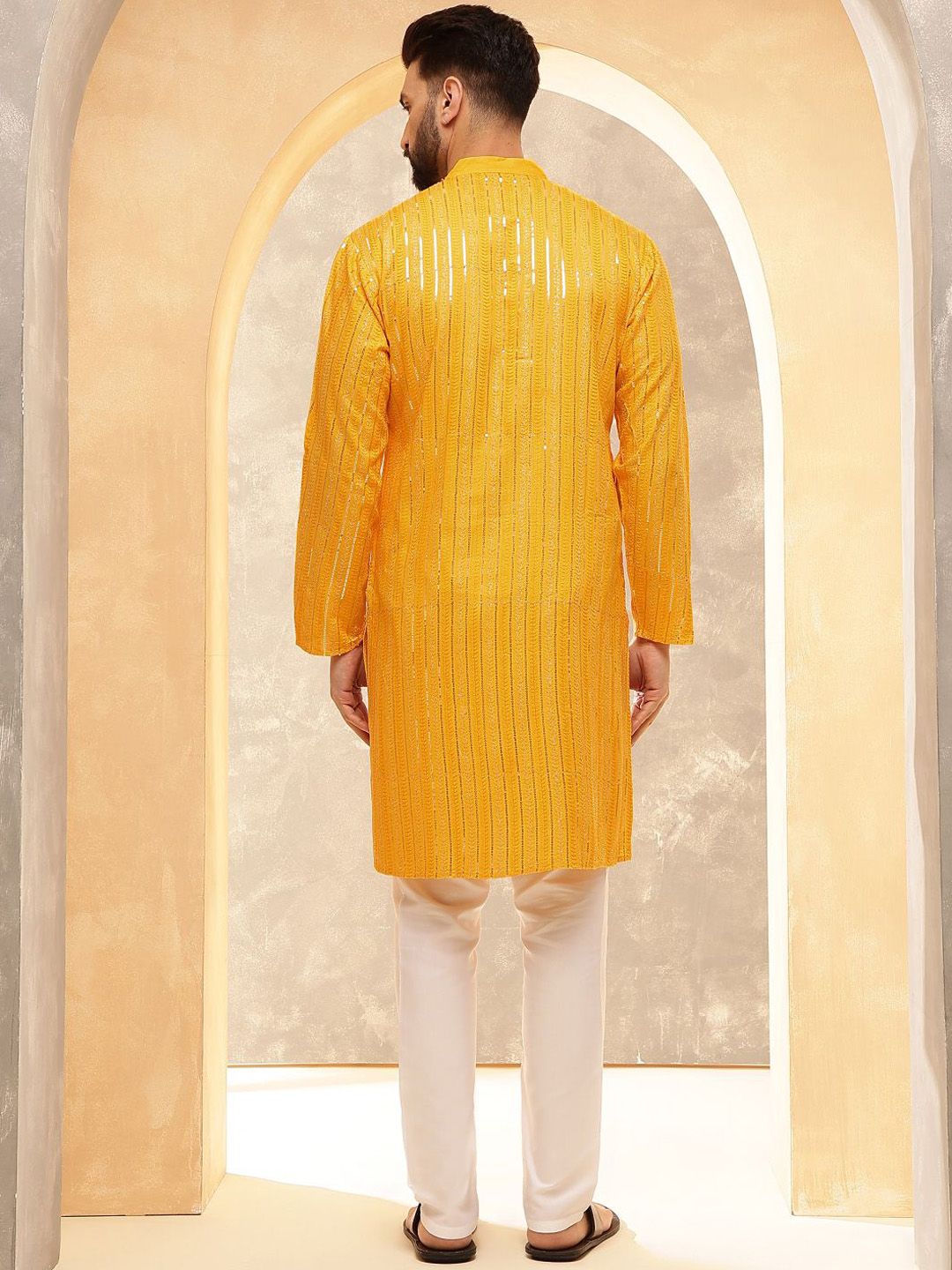 Anouk Mustard Geometric Embroidered Sequence Band Collar Cotton Straight Kurta