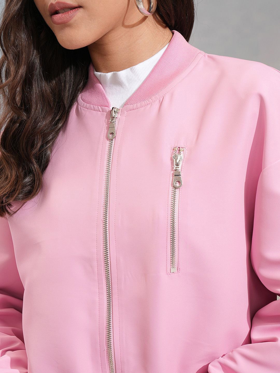 Tokyo Talkies Women Solid Zip Detailing Crop Bomber Jacket