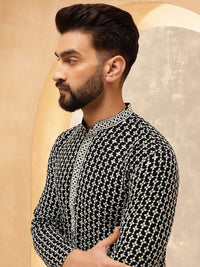 Anouk Black And White Geometric Embroidered Mandarin Collar Straight Kurta