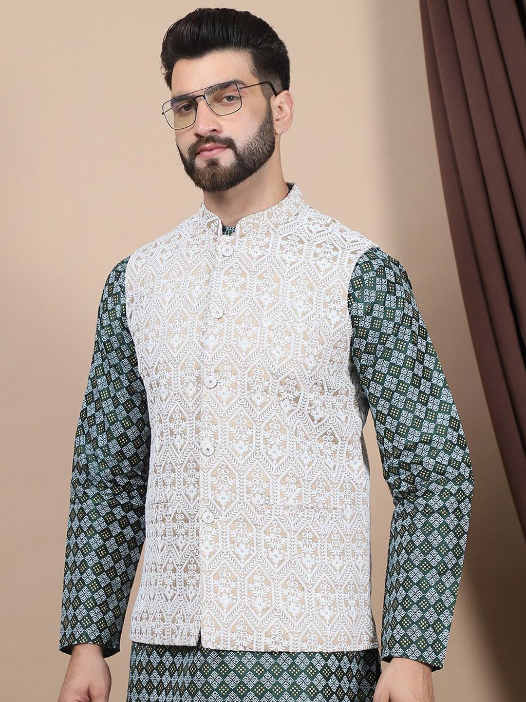 Anouk Floral Printed Regular Straight Kurta With Churidar & Nehru Jacket