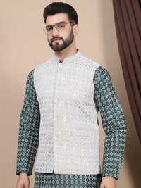 Anouk Floral Printed Regular Straight Kurta With Churidar & Nehru Jacket