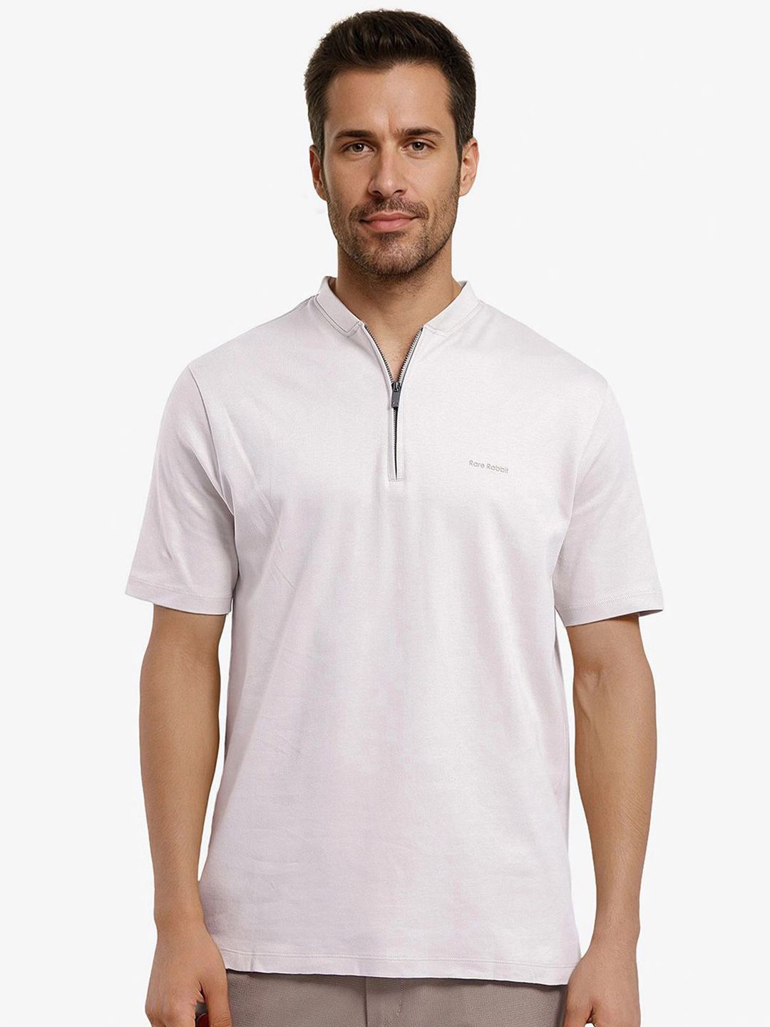 RARE RABBIT Men Solid Mandarin Collar Cotton T-shirt