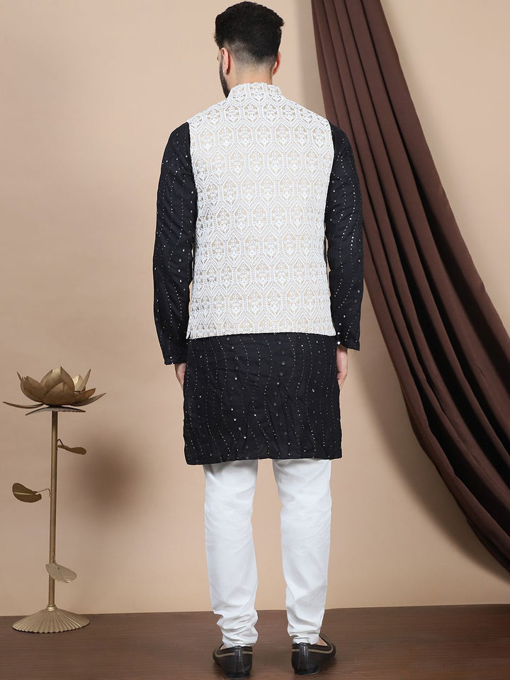 Anouk Floral Embroidered Sequinned Pure Cotton Straight Kurta With Churidar & Nehru Jacket