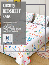 KLOTTHE White Cartoon Printed Flat 300 TC King Bedsheet Dengan 2 Sarung Bantal