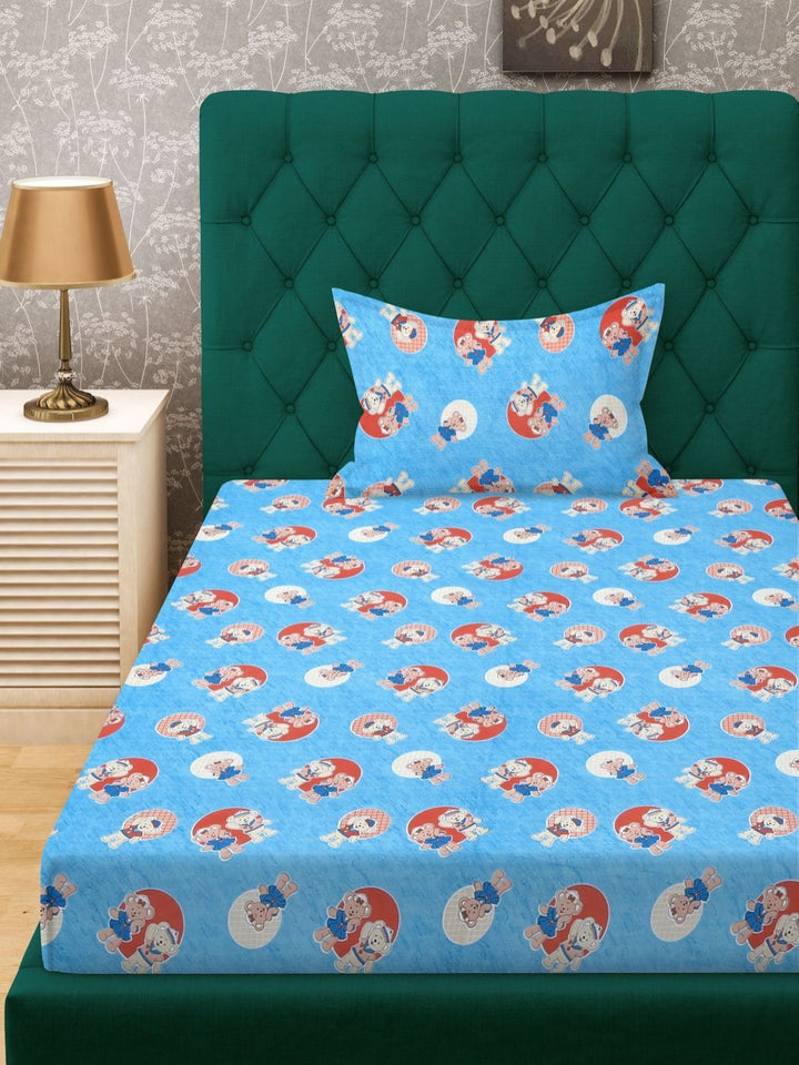 KLOTTHE Blue Conversational Pure Cotton 400 TC Single Cadar Superfine dengan Sarung Bantal-89 x 59 inci