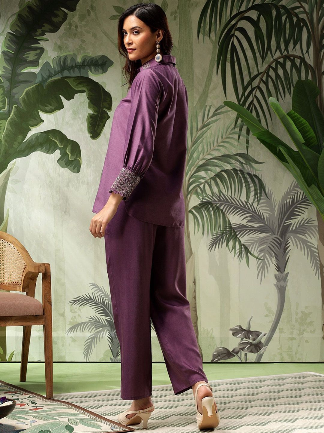 Bani Women Embroidered Puff Sleeves Pure Silk Shirt With Trousers