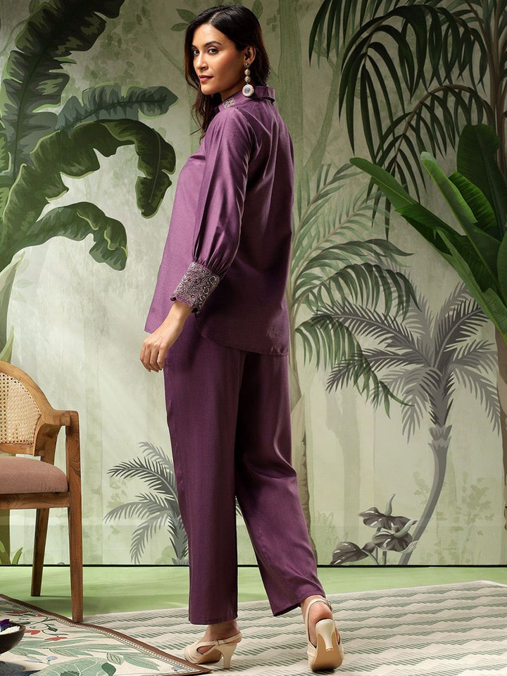 Bani Women Embroidered Puff Sleeves Pure Silk Shirt With Trousers