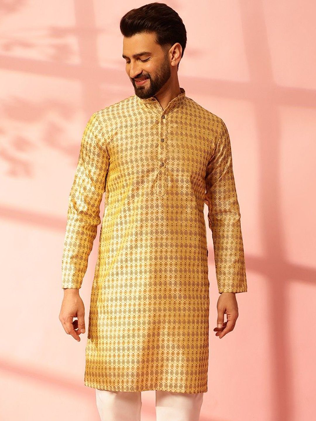 Anouk Ethnic Motifs Woven Design Band Collar Cotton Silk Straight Kurta