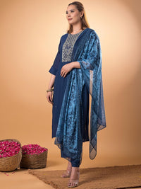 Mamicha Women Woven Design Embroidered Cotton A-Line Kurta with Trousers & Dupatta