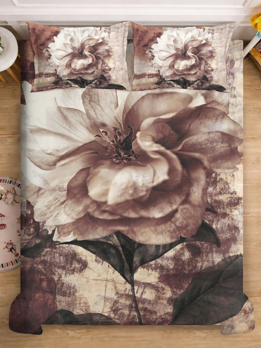 KLOTTHE Brown Floral Printed 400TC Double King 7D Bedsheet With 2 Pillow Cover-250X225 cm