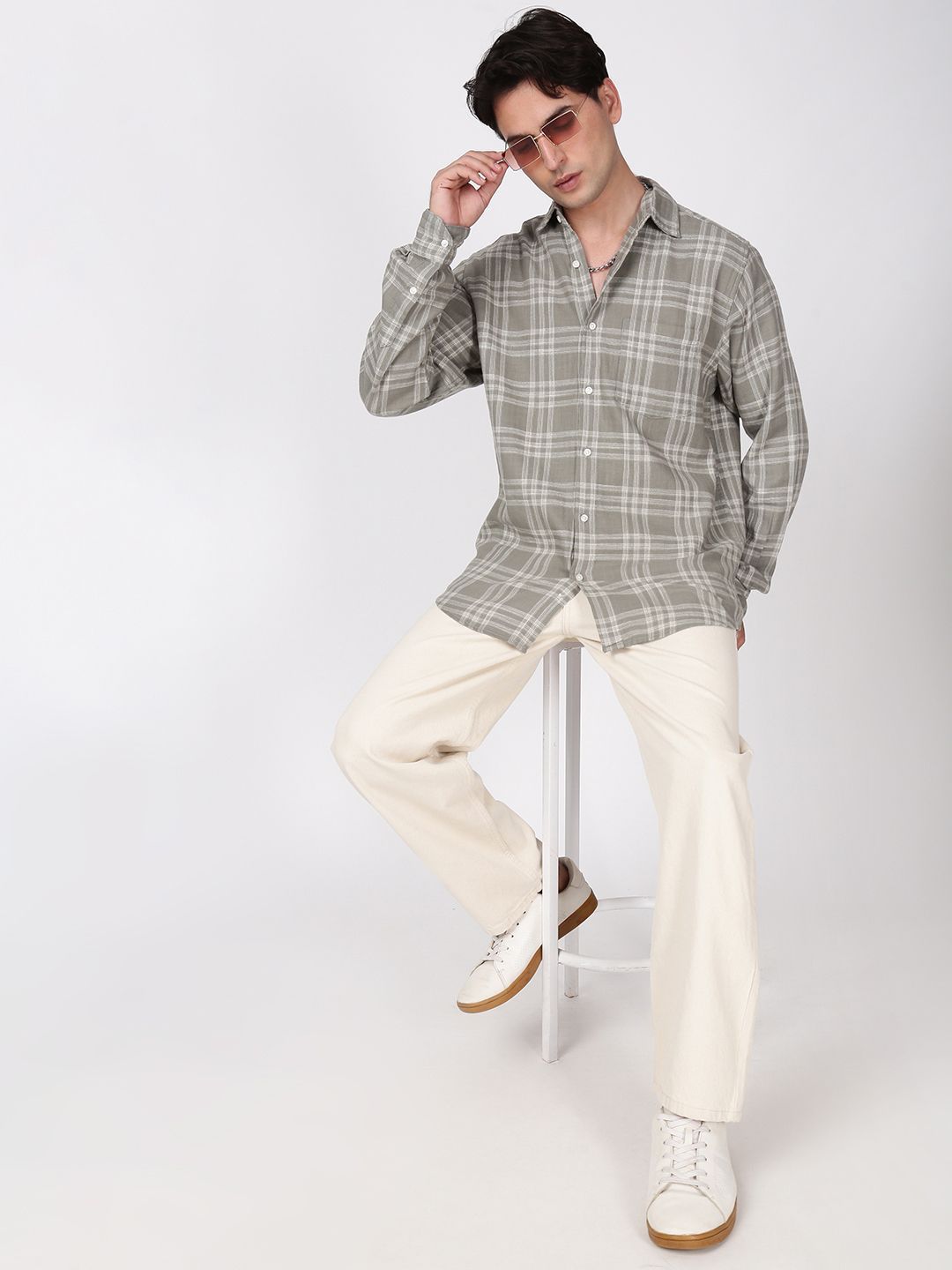 Bene Kleed Men Windowpane Checks Checked Spread Collar Casual Shirt