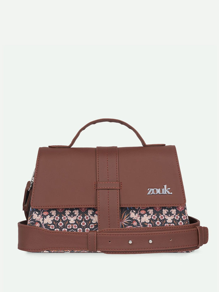 ZOUK Floral Printed Structured Satchel with Cut Work